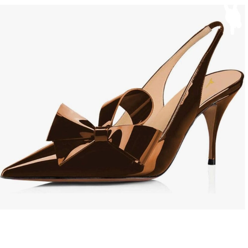 YDN Brown Stiletto Heel Pumps Bow Pointed Toe Slingback Sandals Dress Shoes